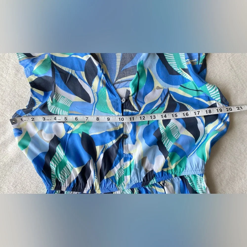 LOFT Blue Green Abstract Print Ruffle Sleeve Maxi Dress Large Petite - Picture 12 of 15